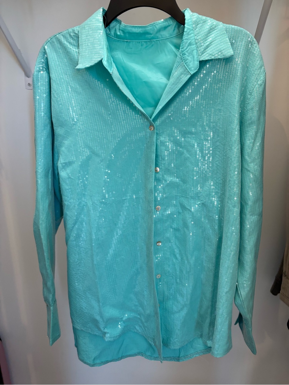 Sequined Button-Up Shirt in Aqua Blue